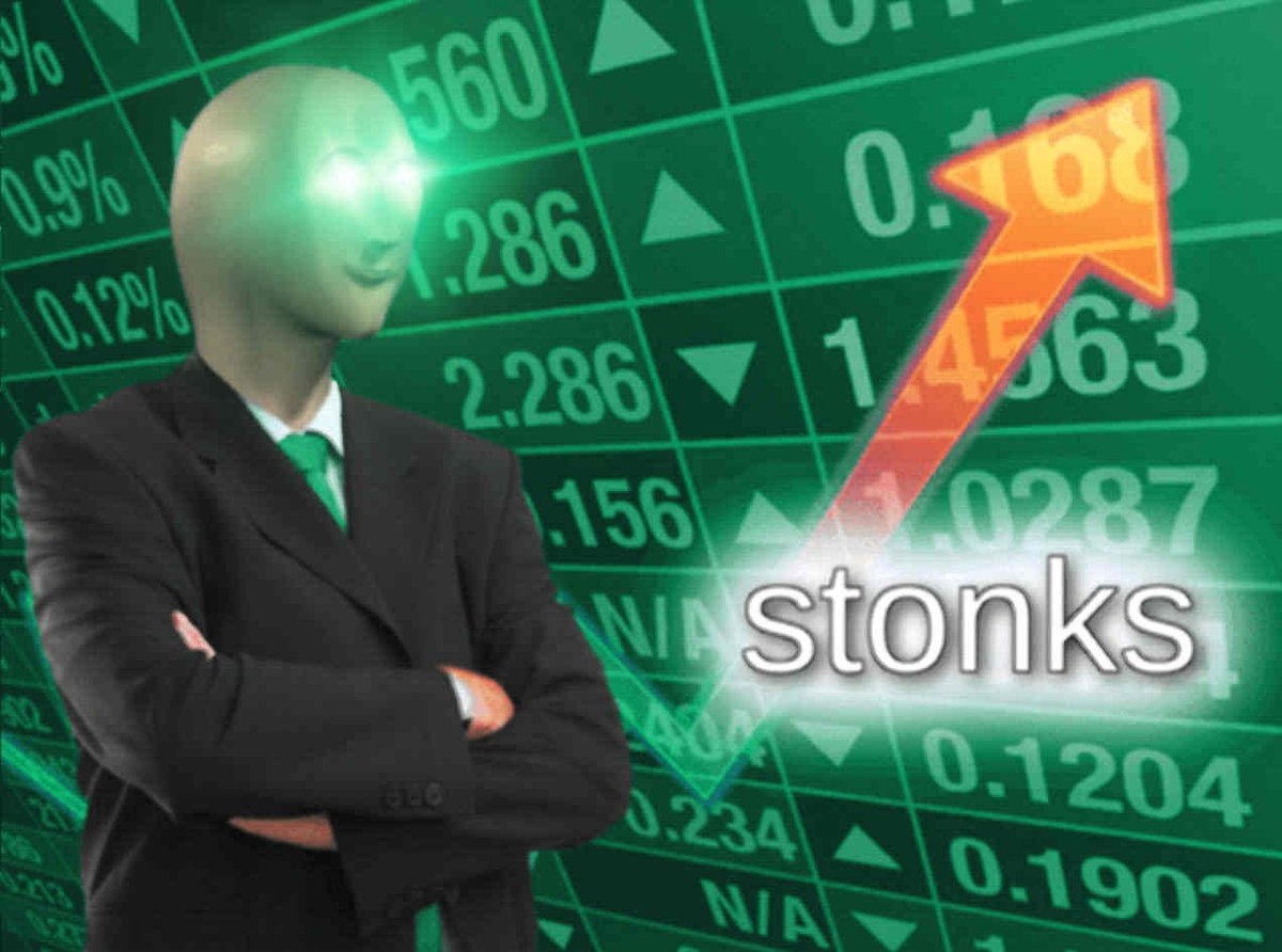 Stonks man in a suit pointing at a rising chart